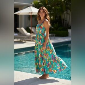 easel Turquoise Floral Maxi Dress with Multicolor Print NWOT